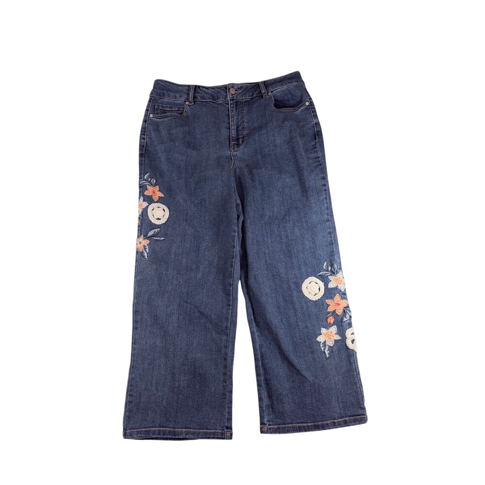 Est. 1948 Denim Women’s Size 12 Hi-Rise Embroidered Floral Wide Leg Blue Denim
